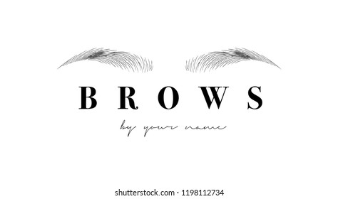 Beautiful vector hand drawing eyebrows for the logo of the master on the eyebrows. Business card template.