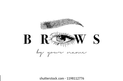 Beautiful vector hand drawing eyebrows for the logo of the master on the eyebrows. Business card template.