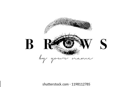 Beautiful vector hand drawing eyebrows for the logo of the master on the eyebrows. Business card template.