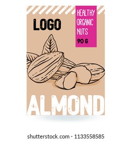 Beautiful vector hand drawn almond organic nut. Template elements collection for packaging design. Modern illustrations isolated on white background.