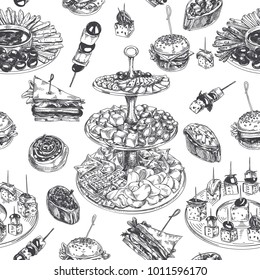 Beautiful vector hand drawn Appetizer seamless pattern. Detailed retro style images. Vintage sketch repeated background. Seamless pattern. Elements collection for design.