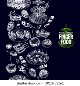 Beautiful vector hand drawn Appetizer Illustration. Detailed retro style images. Vintage sketch repeated background. Seamless border. Chalkboard