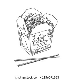 Beautiful vector hand drawn Asian noodles in a box with chopsticks Illustration. Detailed retro style image. Vintage sketch element for labels, packaging and cards design. Modern background.