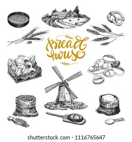 Beautiful vector hand drawn bakery Illustrations set. Detailed retro style images. Vintage sketches for labels. Elements collection for design.