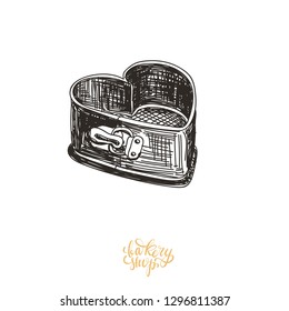 Beautiful vector hand drawn bakery Illustration. Detailed retro style images. Vintage sketch for labels. Baking pan drawing for logo design. 