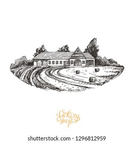 Beautiful vector hand drawn bakery Illustration. Detailed retro style images. Vintage sketch for labels. Wheat field and farm house drawing for logo design.