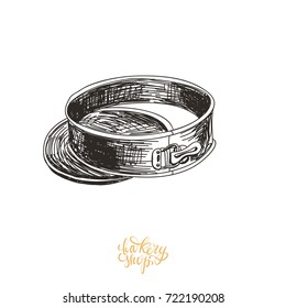 Beautiful vector hand drawn bakery Illustration. Detailed retro style images. Vintage sketch for labels. Baking pan drawing for logo design. 