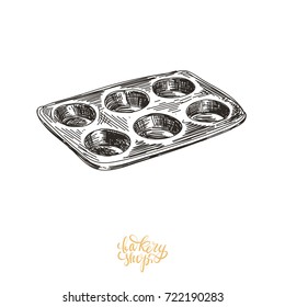 Beautiful vector hand drawn bakery Illustration. Detailed retro style images. Vintage sketch for labels. Baking mufin pan drawing. 