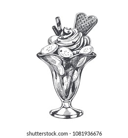 Beautiful vector hand drawn banana ice cream with whipped cream Illustration. Detailed retro style image. Vintage sketch element for labels, packaging and cards design. Modern background.