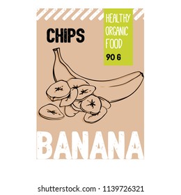 Beautiful vector hand drawn Banana organic fruit chips. Template elements collection for packaging design. Modern illustrations isolated on white background.