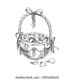 Beautiful vector hand drawn basket with rose petals Illustration. Detailed retro style image. Vintage sketch element for labels, packaging and cards design. Modern background.