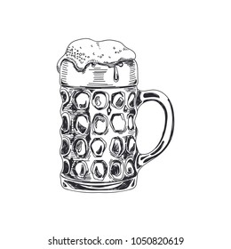 Beautiful vector hand drawn beer in a beer mug Illustration. Detailed retro style images. Vintage sketch element for labels and cards design.
