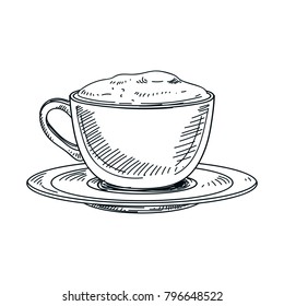 Beautiful vector hand drawn beverage Illustration. Cappuccino. Detailed retro style coffee image. Vintage sketch Element for labels design.
