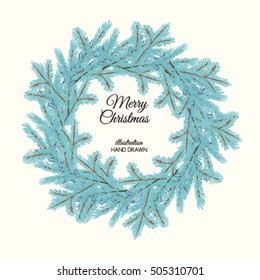Beautiful vector hand drawn blue vintage, bohemian christmas wreath, isolated on white background. Merry Christmas