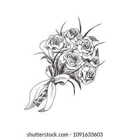 Beautiful vector hand drawn bouquet of roses Illustration. Detailed retro style image. Vintage sketch element for labels, packaging and cards design. Modern background.