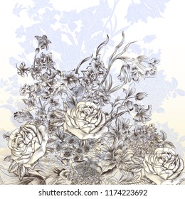 Beautiful vector hand drawn bouquet of flowers in basket for wedding design