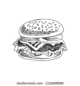 Beautiful vector hand drawn burger Illustration. Detailed retro style image. Vintage sketch element for labels, packaging and cards design. Modern background.