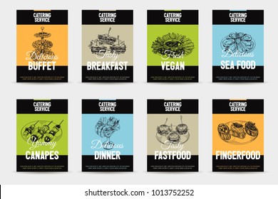 Beautiful vector hand drawn catering servise food card set. Detailed trendy style images. Modern sketch elements collection for packaging or cards design.