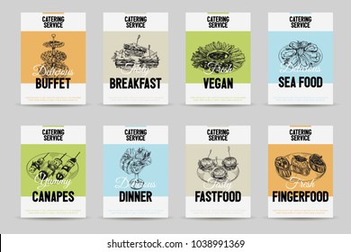 Beautiful vector hand drawn catering service food card set. Detailed trendy style images. Modern sketch elements collection for packaging or cards design.