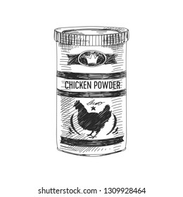 Beautiful vector hand drawn chicken powder Illustration. Detailed retro style image. Vintage sketch element for labels, packaging and cards design. Modern background.