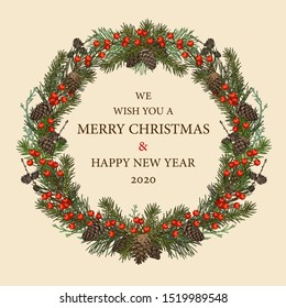 Beautiful vector hand drawn christmas wreath Illustration. Detailed retro style images.
