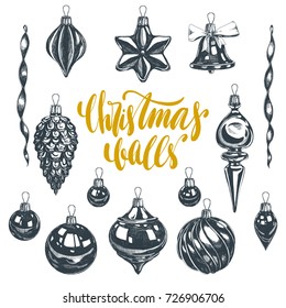 Beautiful vector hand drawn christmas ornaments Illustrations set. Detailed retro style images. Vintage sketches for labels. Elements collection for design.