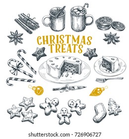 Beautiful vector hand drawn christmas treats Illustrations set. Detailed retro style images. Vintage sketches for labels. Mulled wine, gingerbread man, cake, cinnamon. Elements collection for design.