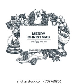 Beautiful vector hand drawn christmas Illustration. Detailed retro style images. Vintage sketches for labels. Elements collection for design.