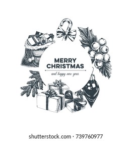 Beautiful vector hand drawn christmas Illustration. Detailed retro style images. Vintage sketches for labels. Elements collection for design.