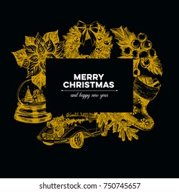 Beautiful vector hand drawn christmas Illustration. Detailed retro style images. Vintage sketches for labels. Elements collection for design. Chalkboard.
