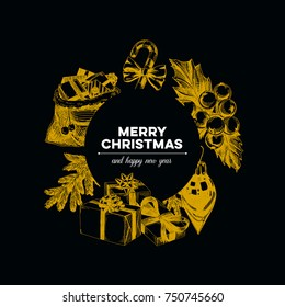Beautiful vector hand drawn christmas Illustration. Detailed retro style images. Vintage sketches for labels. Elements collection for design. Chalkboard.