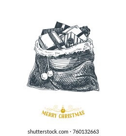 Hermosa ilustración vectorial hecha a mano. Una bolsa con regalos. Imágenes detalladas de estilo retro. Elemento de esbozo vintage para el diseño de etiquetas. 