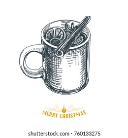 Beautiful vector hand drawn christmas Illustration. Mulled Wine. Detailed retro style images. Vintage sketch Element for labels design. 