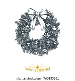 Beautiful vector hand drawn christmas wreath Illustration. Detailed retro style images. Vintage sketch Element for labels design. 