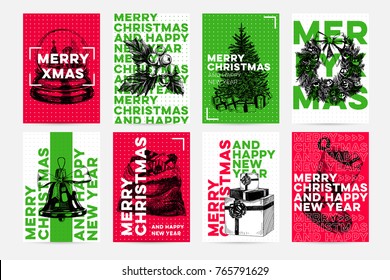 Beautiful vector hand drawn christmas card set. Detailed trendy style images. Modern sketches for labels. Elements collection for design.