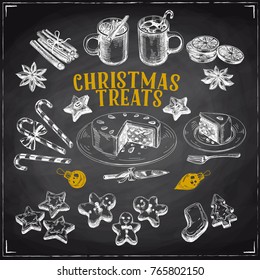 Beautiful vector hand drawn christmas treats Illustrations set. Detailed retro style images. Vintage sketches for labels. Mulled wine, gingerbread man, cake, cinnamon. Chalkboard collection for design