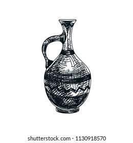 Beautiful vector hand drawn clay wine jug Illustration. Detailed retro style image. Vintage sketch element for labels, packaging and cards design. Modern background.