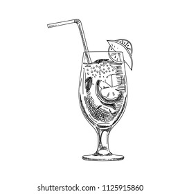 Beautiful vector hand drawn cocktail Illustration. Detailed retro style image. Vintage sketch element for labels, packaging and cards design. Modern background.