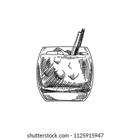 Beautiful vector hand drawn cocktail White Russian Illustration. Detailed retro style image. Vintage sketch element for labels, packaging and cards design. Modern background.