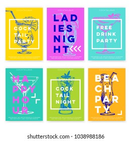 Beautiful vector hand drawn coctail bar card set. Detailed trendy style images. Modern sketch elements collection for packaging or cards design.