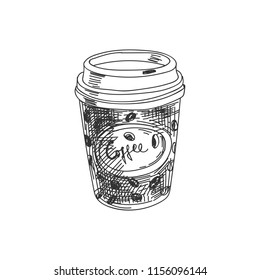 Beautiful vector hand drawn coffee to go Illustration. Detailed retro style image. Vintage sketch element for labels, packaging and cards design. Modern background.