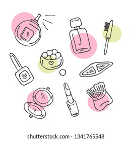 Beautiful vector hand drawn cosmetic objects. Makeup elements for fashion blog background, nail salon illustration, beauty shop art. Doodle decorative cosmetic tools. 