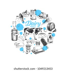 Beautiful vector hand drawn dairy products Illustration. Detailed retro style background. Vintage sketches for labels. Elements collection for design.