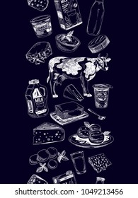 Beautiful vector hand drawn dairy products  Illustration. Detailed retro style background. Vintage sketch repeated background. Seamless border. Elements collection for design.