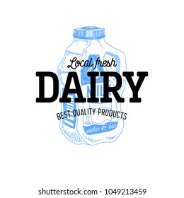 Beautiful vector hand drawn dairy products logo. Detailed retro style illustration. Vintage sketch for labels design.