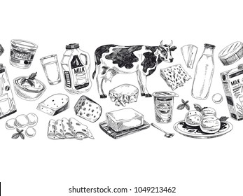 Beautiful vector hand drawn dairy products  Illustration. Detailed retro style background. Vintage sketch repeated background. Seamless border. Elements collection for design.