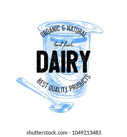 Beautiful vector hand drawn dairy logo. Detailed retro style illustration. Vintage sketch for labels design.
