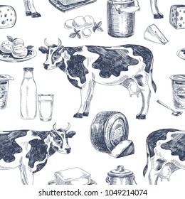 Beautiful vector hand drawn dairy products  seamless pattern. Detailed retro style images. Vintage sketch repeated background. Seamless pattern. Elements collection for design.