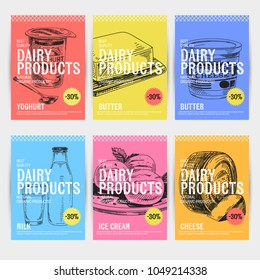 Beautiful vector hand drawn dairy products card set. Detailed trendy style backgrounds. Modern sketch elements collection for packaging design.