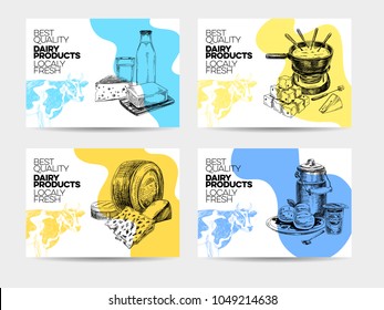 Beautiful vector hand drawn dairy products card set. Detailed trendy style backgrounds. Modern sketch elements collection for packaging design.